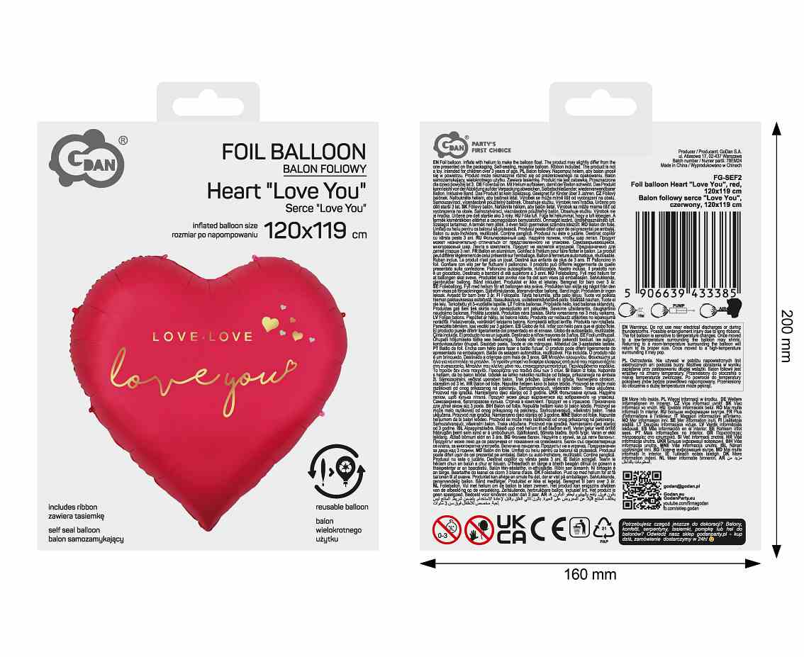 Balon foliowy serce "Love You", czerwony, 120x119cm